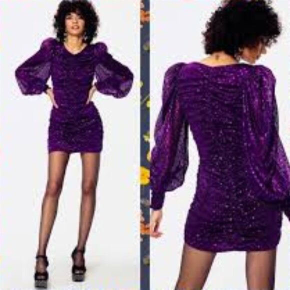 For Love & Lemons La Villette Mini Dress Purple sequins Balloon Sleeves 80s!  M - Picture 2 of 15